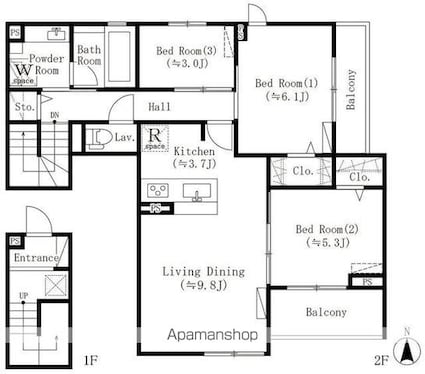 ＰａｒｋＢｅａｒ四谷三丁目[3LDK/73.72m2]の間取図