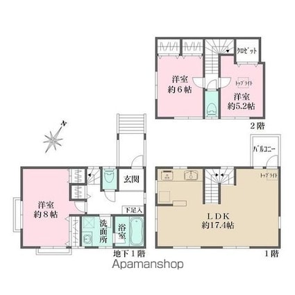 目黒区上目黒２丁目戸建[3LDK/89.06m2]の間取図