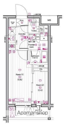 東京都中野区東中野５丁目[2K/25.9m2]の間取図