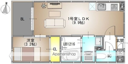 岡山県岡山市北区庭瀬[1LDK/31.45m2]の間取図