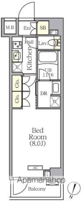 ＡＲＫＭＡＲＫ世田谷砧[1K/25.47m2]の間取図
