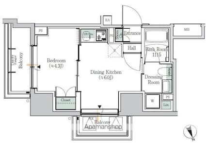 ＯＮＥ　ＲＯＯＦ　ＲＥＳＩＤＥＮＣＥ　ＡＳＡＫＵＳＡＢＡＳＨＩ[1DK/25.43m2]の間取図