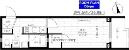 東京都世田谷区若林３丁目[1K/26.98m2]の間取図