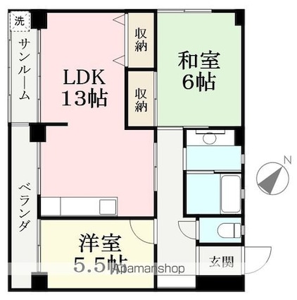 ドゥエルリバーサイド[2LDK/58m2]の間取図