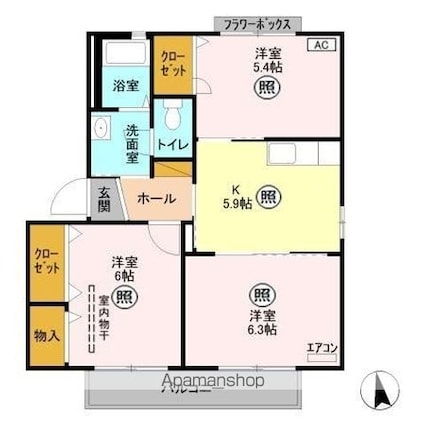 ディアコート[3K/53.83m2]の間取図