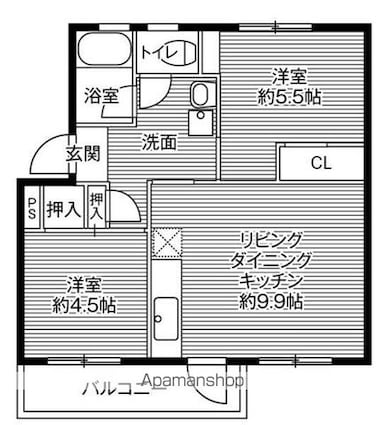 ビレッジハウス鳴滝２０号棟[2LDK/43.37m2]の間取図