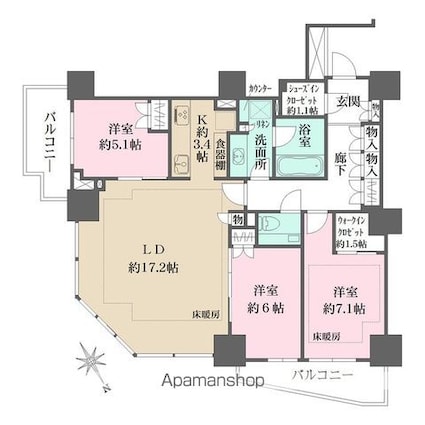 ザ・パークハウス三田ガーデン　タワー棟[3LDK/91.65m2]の間取図