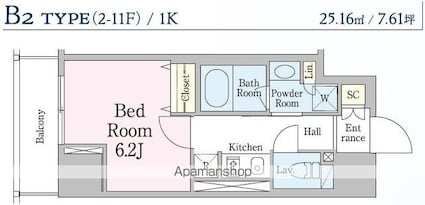 レジディア笹塚Ⅲ[1K/25.16m2]の間取図