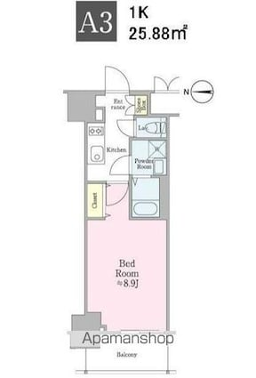 クロスレジデンス飯田橋[1K/25.88m2]の間取図