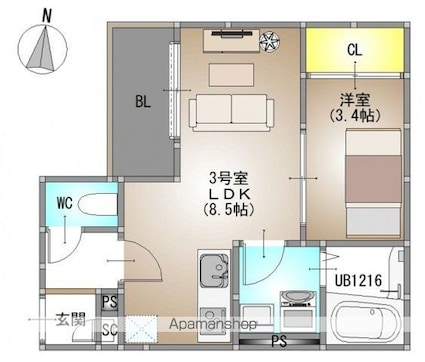 岡山県岡山市北区庭瀬[1LDK/30.77m2]の間取図
