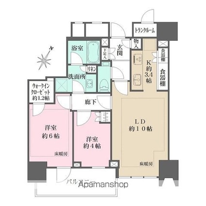 ザ・パークハウス高輪タワー[2LDK/56.62m2]の間取図