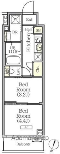 ＡＲＫＭＡＲＫ世田谷砧[2K/25.13m2]の間取図