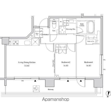 ザ・パークハビオ代々木[2LDK/56.46m2]の間取図