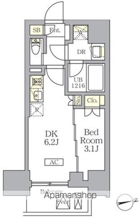 ザ・ライオンズフォーシア文京湯島[1DK/25.56m2]の間取図