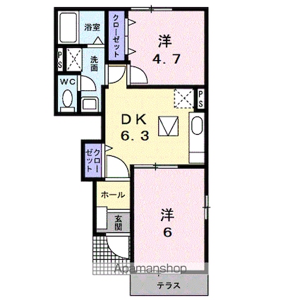プラシードＢ[2DK/40.45m2]の間取図
