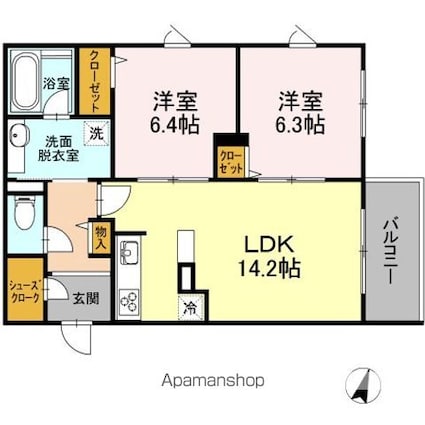Ｓｈａｌｌｏｗ　Ｇａｒｄｅｎ　Ａ棟[2LDK/64.5m2]の間取図