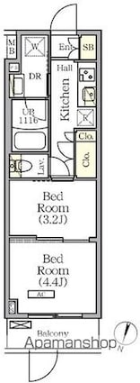 ＡＲＫＭＡＲＫ世田谷砧[2K/25.47m2]の間取図