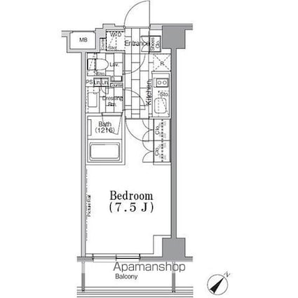 ＯＮＥ　ＲＯＯＦ　ＦＬＡＴ　ＴＳＵＫＩＳＨＩＭＡ[1K/25.02m2]の間取図