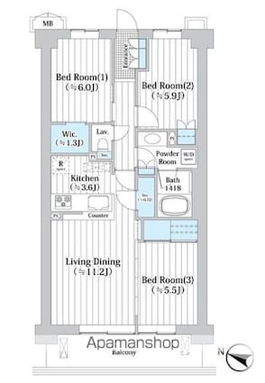 アビティグランデ砧　（Ａ棟）[3LDK/73.16m2]の間取図