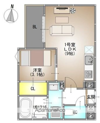 岡山県岡山市北区庭瀬[1LDK/30.62m2]の間取図