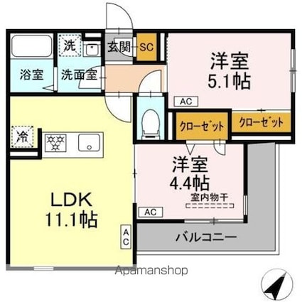 セレスティア細田Ｂ[2LDK/47.25m2]の間取図