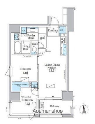パークアクシス新宿百人町[2LDK/60.08m2]の間取図