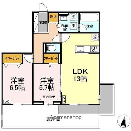ＤーＲＯＯＭフィオーレ[2LDK/61.74m2]の間取図