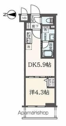 ハーモニーレジデンス東新宿[1DK/25.37m2]の間取図