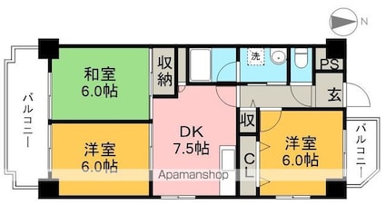 サンハイツ上町（１）[3DK/57.78m2]の間取図