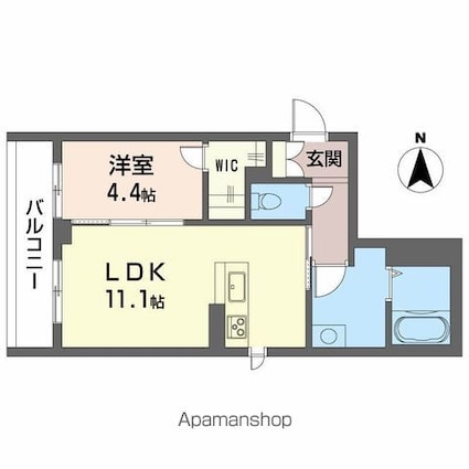 リアン勝山[1LDK/42.58m2]の間取図