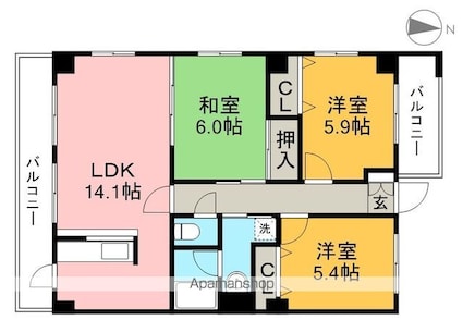 フィネス南川添[3LDK/69.8m2]の間取図