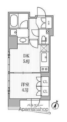 ディームス大手町ノース[1DK/28.34m2]の間取図