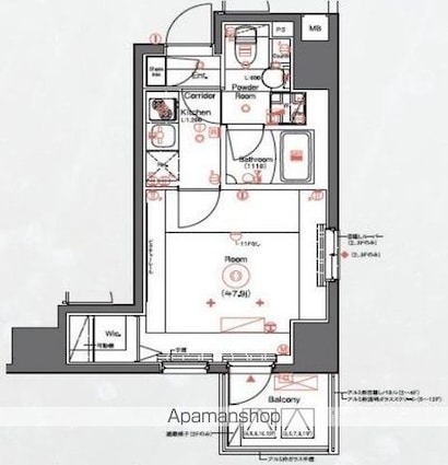 ＳＹＮＥＸＰＲＥＭＩＥＲＡＳＡＫＵＳＡＢＡＳＨＩ[1K/25.94m2]の間取図