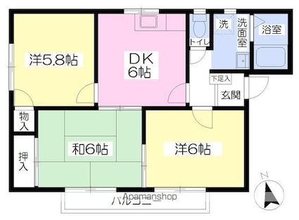 フレグランスくぼた　Ｅ棟[3DK/51.75m2]の間取図
