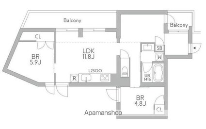 ＧｒａｎＤｕｏＵｍｅｇａｏｋａ[2LDK/62.57m2]の間取図