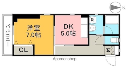 クローバー南川添[1DK/34.25m2]の間取図