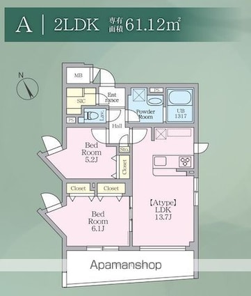 Ａ－３　ＡＳＡＧＡＹＡ　Ｒｅｓｉｄｅｎｃｅ[2LDK/61.12m2]の間取図
