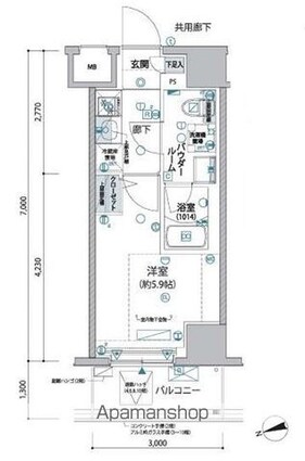 ヴァローレ松戸フィーロ[1K/21m2]の間取図