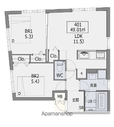 Ｈｅｕｒｅｕｘ中野若宮[2LDK/49.01m2]の間取図