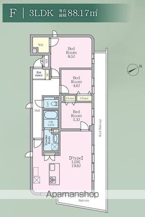 Ａ－３　ＡＳＡＧＡＹＡ　Ｒｅｓｉｄｅｎｃｅ[3LDK/88.17m2]の間取図