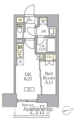 ザ・ライオンズフォーシア文京湯島[1DK/25.56m2]の間取図
