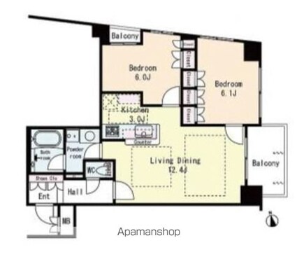 東京都新宿区新宿７丁目[2LDK/60.17m2]の間取図