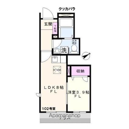 クッカバラ（Ｋｏｏｋａｂｕｒｒａ）[1LDK/34.26m2]の間取図