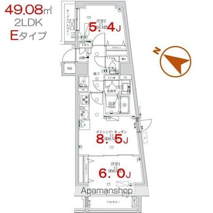 Ｋ－ＣＯＵＲＴ押上[2DK/49.08m2]の間取図