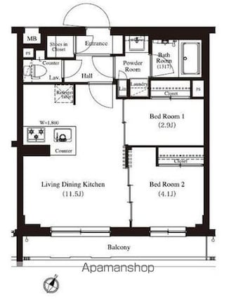 東京都杉並区堀ノ内２丁目[2LDK/44.48m2]の間取図