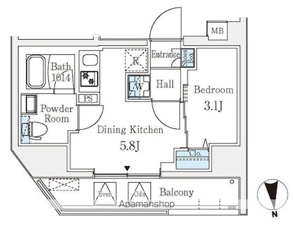 クラリティア文京湯島[1DK/25.06m2]の間取図