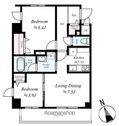 ヴェルデ若葉[2LDK/49.34m2]の間取図