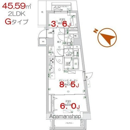 Ｋ－ＣＯＵＲＴ押上[2DK/45.59m2]の間取図