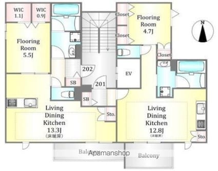 東京都世田谷区上馬４丁目[1LDK/44.91m2]の間取図