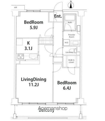 東京都世田谷区野沢３丁目[2LDK/59.08m2]の間取図
